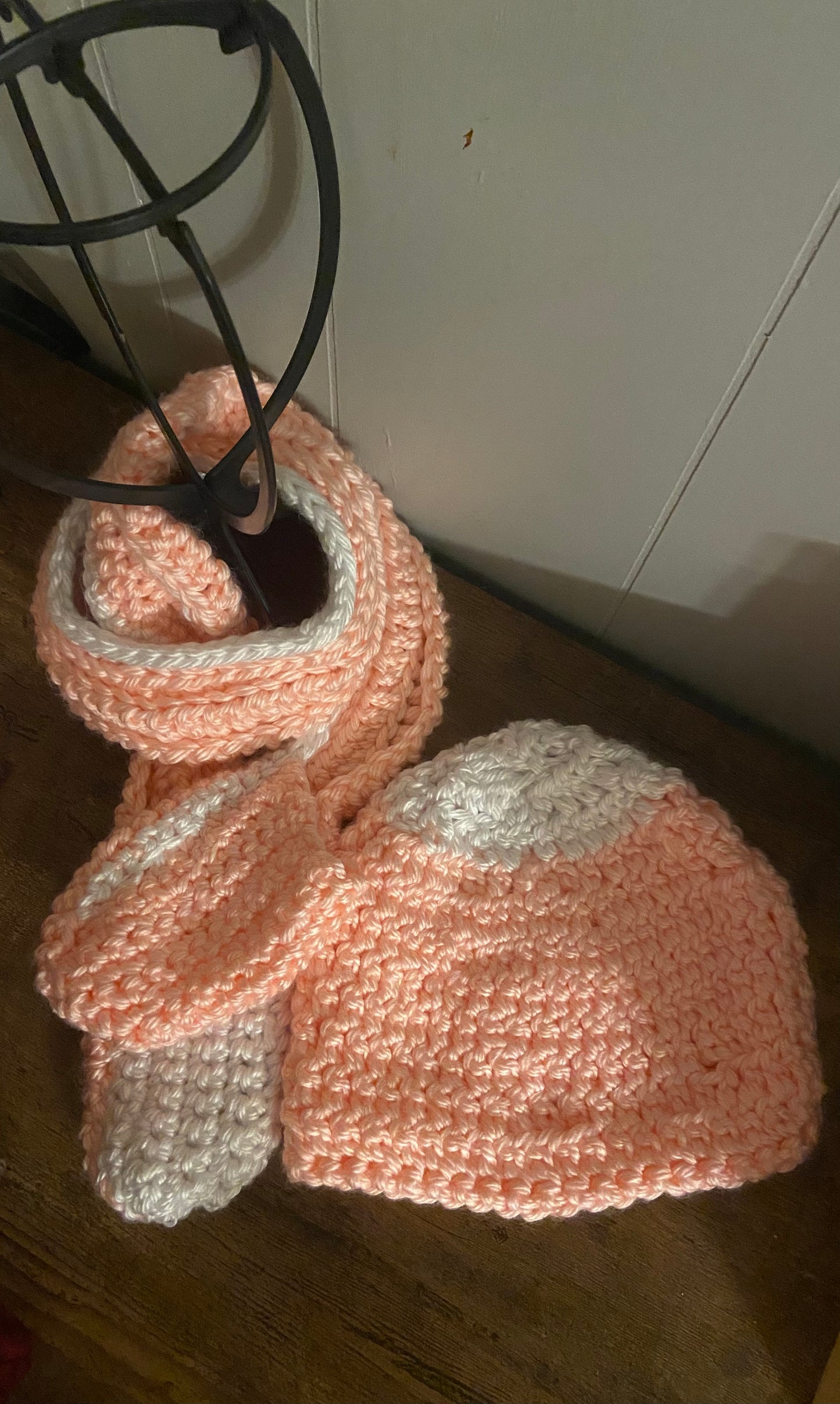 Pink/ White Beanie w/ scarf